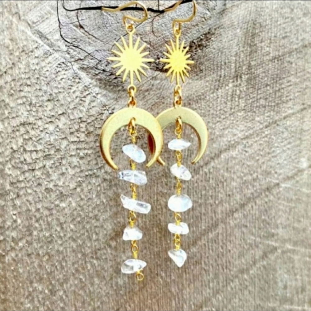 Celestial Gold Moon Star Quartz Crystal Earrings